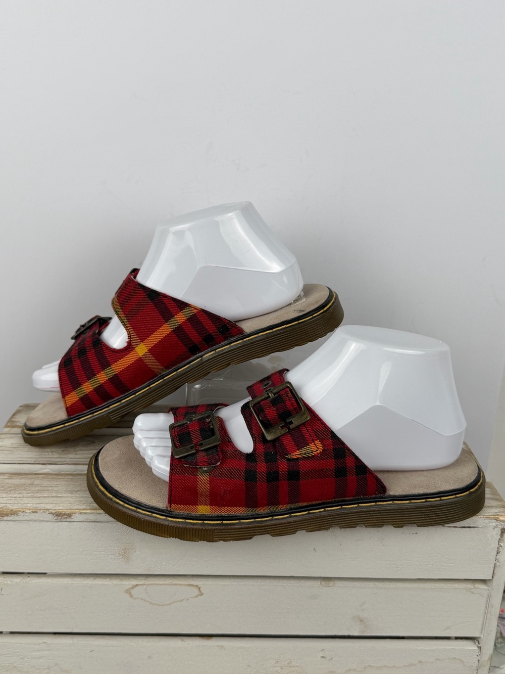 Dr. Martens Adalia sandals red/yellow tartan plaid adjustable buckle straps Sz 8